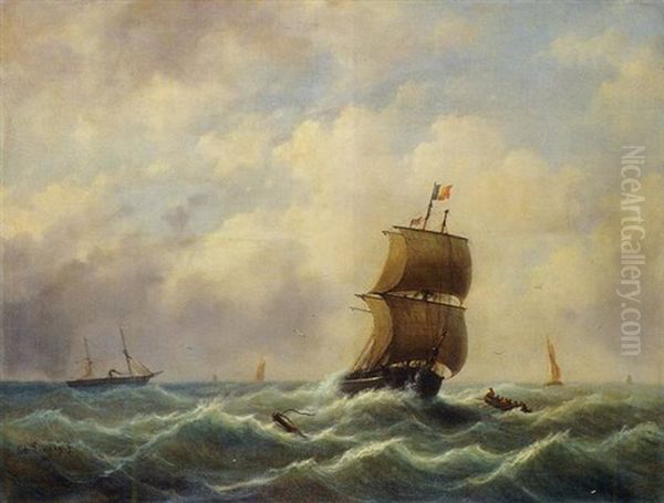 A Tall Ship In Choppy Waters Oil Painting by Egidius Linnig