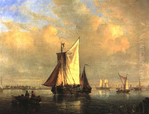 Shipping In A Calm Before A Town Oil Painting by Egidius Linnig