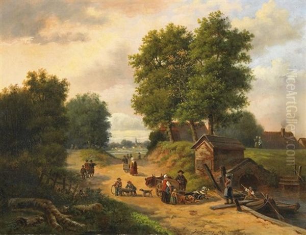 Buntes Treiben An Der Anlegestelle Nahe Eines Dorfes Oil Painting by Jan Theodor Linnig