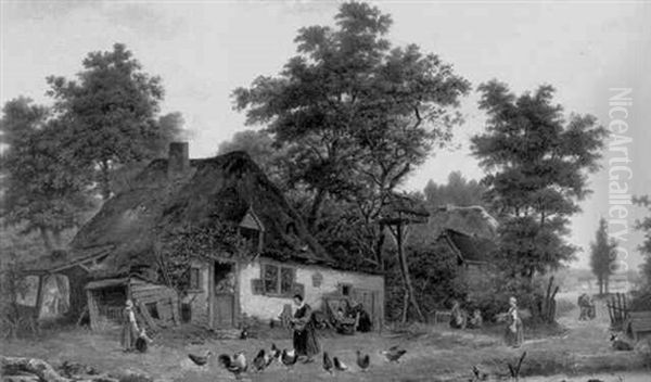 Thatched Cottage With Peasants And Poultry Oil Painting by Jan Theodor Linnig