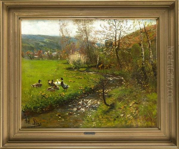 Rheinische Sommerlandschaft Mit Enten Am Bach Oil Painting by Adolf Lins