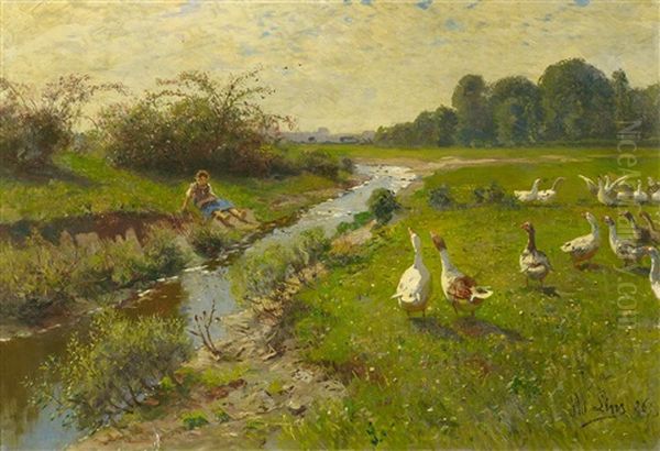 Ganse Am Bach Oil Painting by Adolf Lins