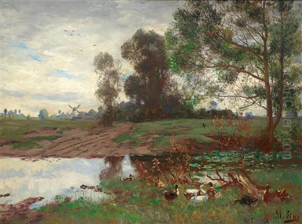 Ducks By The Pond Oil Painting by Adolf Lins