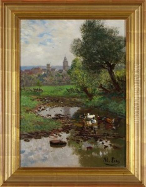 Enten Am Bach Vor Grebenstein Oil Painting by Adolf Lins