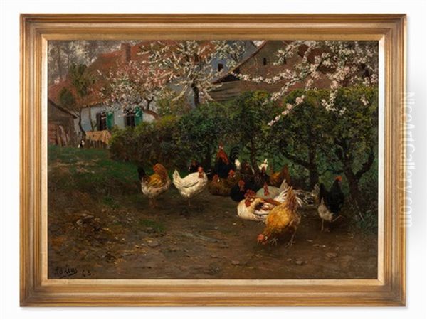 Chicken Yard Oil Painting by Adolf Lins