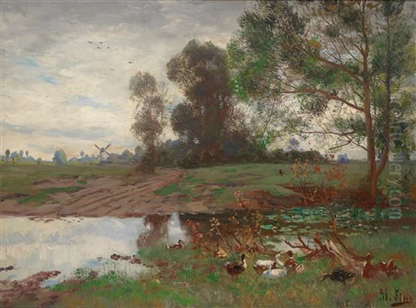 Enten Am Weiher Oil Painting by Adolf Lins