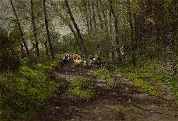 Cows On A Track Oil Painting by Adolf Lins