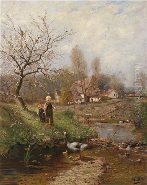 Fruhlingslandschaft Mit Zwei Kindern Und Gansen Oil Painting by Adolf Lins