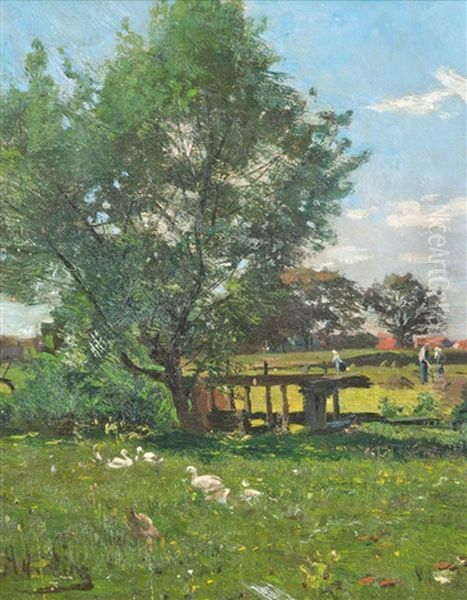 Sommerlandschaft Mit Enten Oil Painting by Adolf Lins