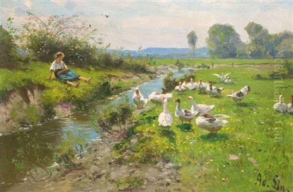 Madchen Und Ganse Am Bach Oil Painting by Adolf Lins