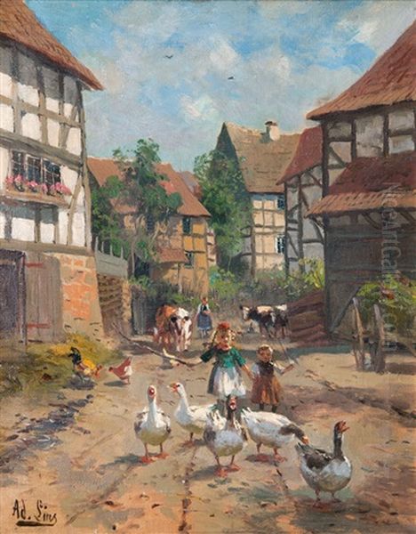 Gansemadchen Auf Hessischer Dorfstrase Oil Painting by Adolf Lins