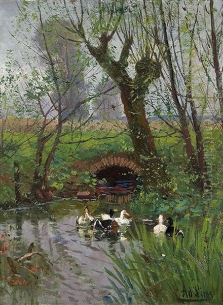 Ducks At A Creek Oil Painting by Adolf Lins