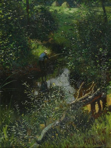 Angler Am Waldteich Im Sommer Oil Painting by Adolf Lins