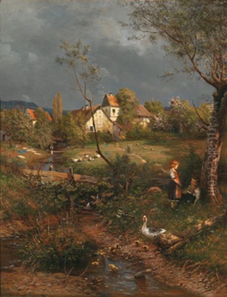 Gansefruhling Oil Painting by Adolf Lins