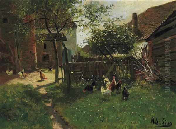 Federvieh Auf Dem Hof. Sommerstimmung Oil Painting by Adolf Lins