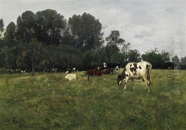 Kuhe Auf Der Weide Am Waldrand Oil Painting by Adolf Lins