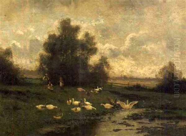 Pastoral Landscape With A Flock Of Birds And Three Children Oil Painting by Adolf Lins