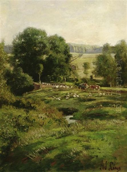 Wiesenlandschaft Mit Ganseschar Oil Painting by Adolf Lins