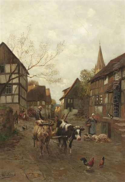 Abendstimmung Auf Der Dorfstrase Oil Painting by Adolf Lins