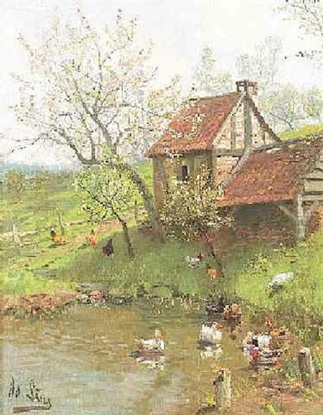 Bachlauf Mit Enten Und Huhnern Im Fruhling Oil Painting by Adolf Lins