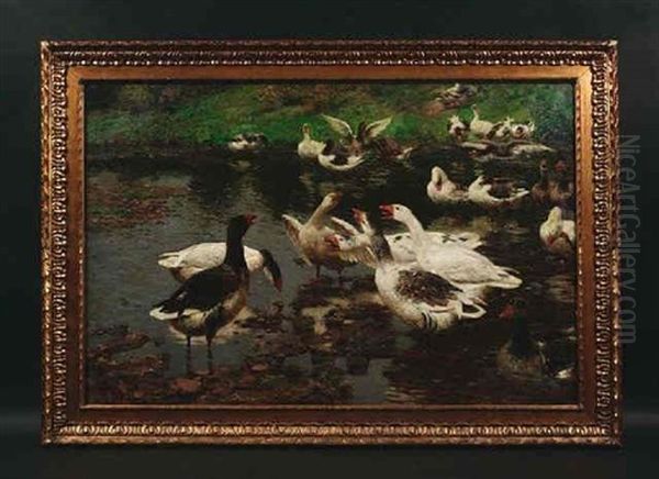 Eine Schar Wildganse Hat Sich An Einem Teich Niedergelassen Oil Painting by Adolf Lins