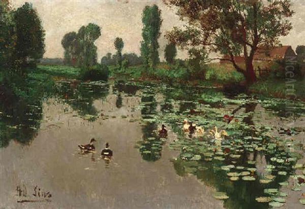 Enten Auf Einem Dorfteich Oil Painting by Adolf Lins