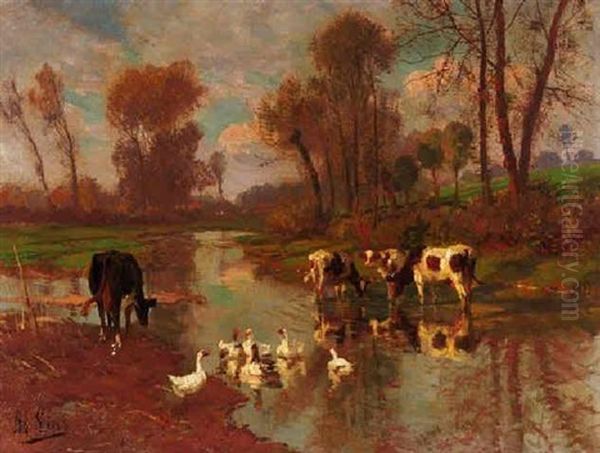 Niederrheinische Fluslandschaft Mit Kuhen Und Enten Oil Painting by Adolf Lins