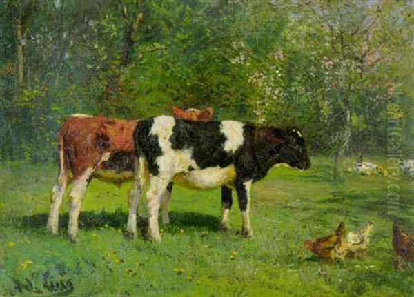 Kuhe Und Huhner Auf Der Wiese Oil Painting by Adolf Lins