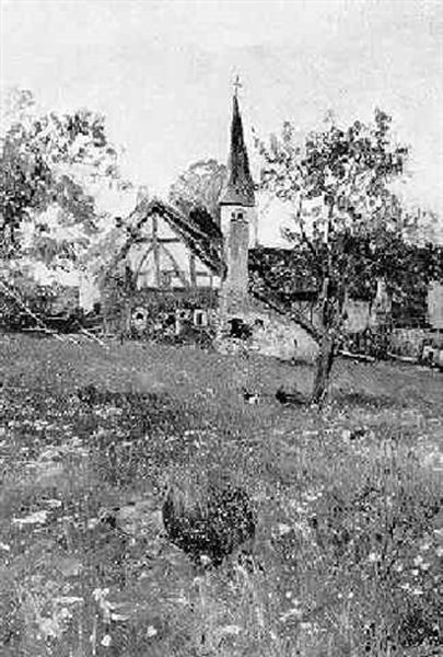 Federvieh Auf Sommerlicher Wiese Vor Einem Kleinen Dorf Im Westerwald Oil Painting by Adolf Lins