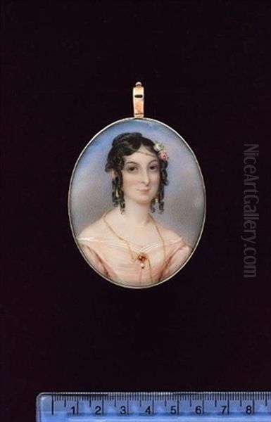 A Lady, Wearing Pale Pink Dress With White Lace Neckline, A Gold Jewelled Brooch At Her Corsage, A Lorgnette Chain At Her Neck, Gold Earrings, Bud Roses In Her Curled Dark Hair Oil Painting by Charles Linsell