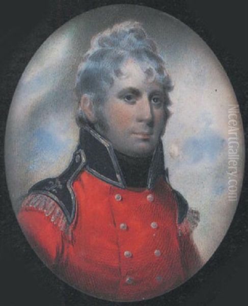 An Officer Of The Infantry Section Of The Honourable Artillery Company, Wearing A Scarlet Coat, His Blue Wings Fringed In Silver And With Prince Of Wales Feathers Oil Painting by Charles Linsell