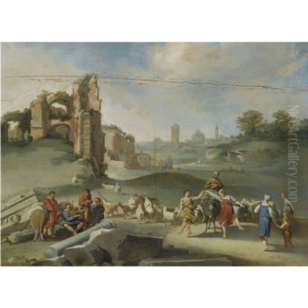 An Arcadian Landscape With Shepherds Dancing And Making Music Before Roman Antiquities Oil Painting by Jan (Hermafrodito) Linsen