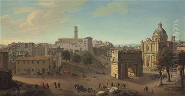 A View Of The Forum, Rome, With The Arch Of Titus And The Church Of Saints Luke And Martina, With Carriages And Elegantly Dressed Figures On Horseback Oil Painting by Giacomo van (Monsu Studio) Lint