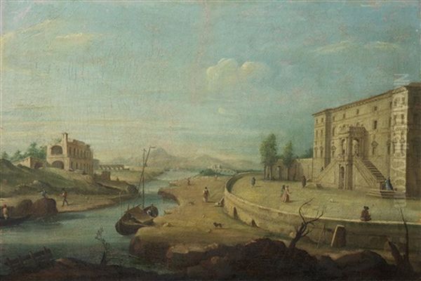 A Capriccio Of A Landscape In The Roman Campagna With Numerous Figures Beside A River Running Between Roman Ruins To The Left And A Renaissance Villa To The Right Oil Painting by Giacomo van (Monsu Studio) Lint