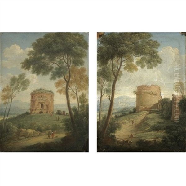 A View Of The Tor De Schiavi In The Roman Campagna (+ A View Of The Tomb Of Cecilia Metella In The Roman Campagna; Pair) Oil Painting by Giacomo van (Monsu Studio) Lint