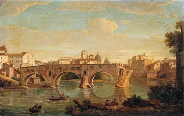 Rome, A View Of The Ponte Rotto With The Basilica Of Saint Peter's In The Distance Oil Painting by Giacomo van (Monsu Studio) Lint