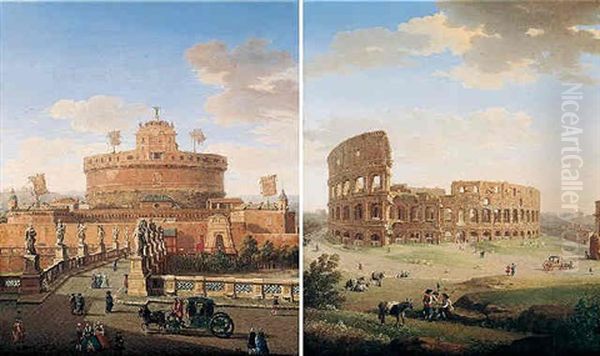 Rome, A View Of The Castle Sant'angelo Oil Painting by Giacomo van (Monsu Studio) Lint