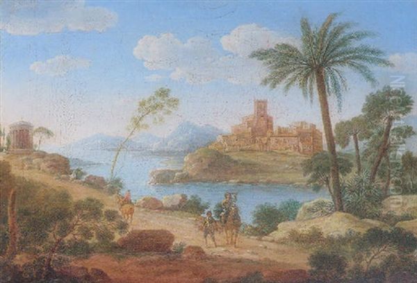 An Italianate Landscape With A Falconer On A Path Near A Classical Rotunda, An Island Town Beyond Oil Painting by Giacomo van (Monsu Studio) Lint