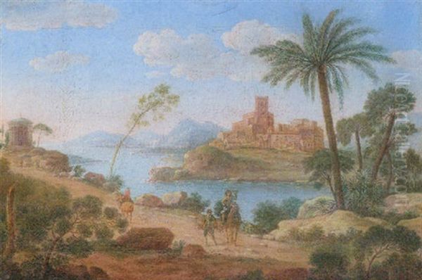 An Italianate Landscape With A Falconer On A Path Near A Classical Rotunda, An Island Town Beyond Oil Painting by Giacomo van (Monsu Studio) Lint