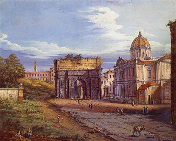 View Of The Arch Of Septimius Severus And The Chiesa Di Ss. Luca E Martina, Rome Oil Painting by Giacomo van (Monsu Studio) Lint