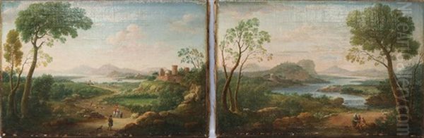 Pendants: Landschaftsveduten An Flusslaufen Mit Kastell Sowie Rundem Tempel, Im Vordergrund Figurenstaffage Oil Painting by Hendrick Frans van Lint