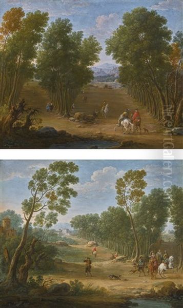 A Pair Of Wooded Landscapes With Elegant Riders Oil Painting by Hendrick Frans van Lint