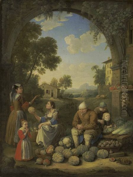 A Lady With Children Visiting A Village Vegetable Stand Oil Painting by Hendrick Frans van Lint