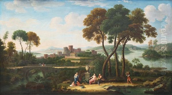 Figures In An Ideal River Landscape By A Bridge And Buildings Beyond Oil Painting by Hendrick Frans van Lint