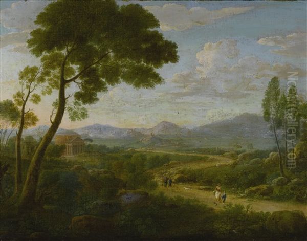 Extensive Landscape With Travelers On A Road, Roman Temples Beyond Oil Painting by Hendrick Frans van Lint