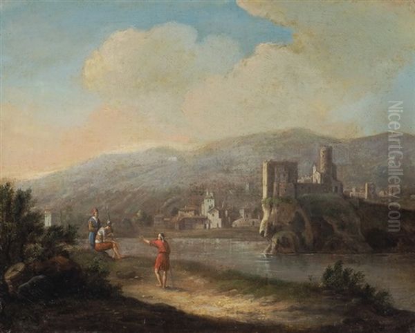 Italienische Flusslandschaft Mit Figurengruppe Und Kastell Oil Painting by Hendrick Frans van Lint