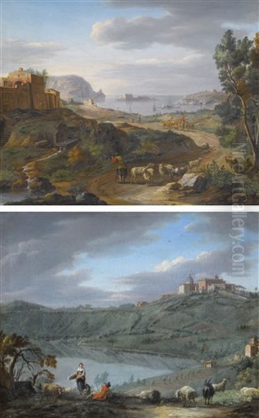 Vue Du Chateau De Gandolfo Et Le Lac De Nemi Vue De La Cote Pres De Rome Oil Painting by Hendrick Frans van Lint