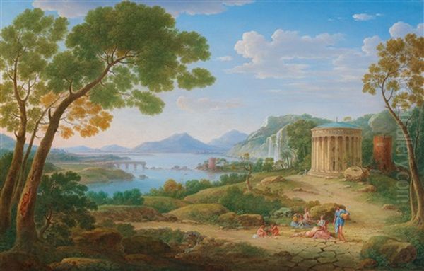 A Classical Landscape With Figures Seated Before A Tempietto Oil Painting by Hendrick Frans van Lint