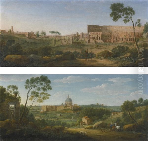 Rome, A View Of The Colosseum From The Top Of The Caelian Hill; Rome, A View Of Saint Peter's From The Top Of The Monte Mario Oil Painting by Hendrick Frans van Lint