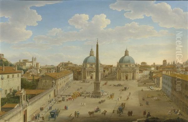 Rome, A View Of The Piazza Del Popolo Oil Painting by Hendrick Frans van Lint